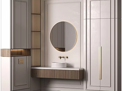 Modern Luxury Bathroom Vanity with Round Mirror Gold Frame White Countertop Wooden Accents and Cabinets 3d model