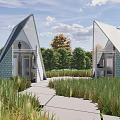 Two Triangle Roof Houses In Grassland With Connecting Platform And Trees
