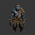 Blue Fur Giant Ape Character With Red Head Bone Decorations And Leather Armor