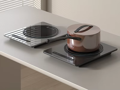 Stylish Black Induction Cooktops With Copper Pot And Metal Grill On White Countertop 3d model