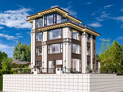 Modern Multi Story Detached Villa Exterior With Large Windows Terrace And Green Trees 3d model