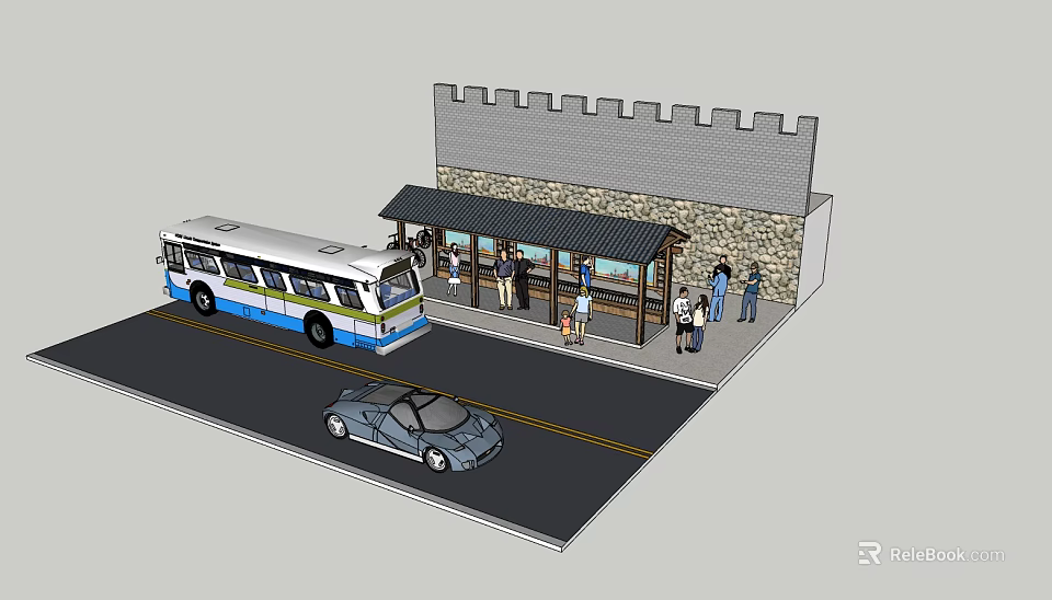 Bus Station With Stone Wall Shelter Bus Passengers And Parked Car 3d model 