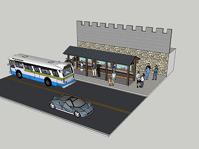 Bus Station With Stone Wall Shelter Bus Passengers And Parked Car 3d model