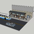 Bus Station With Stone Wall Shelter Bus Passengers And Parked Car