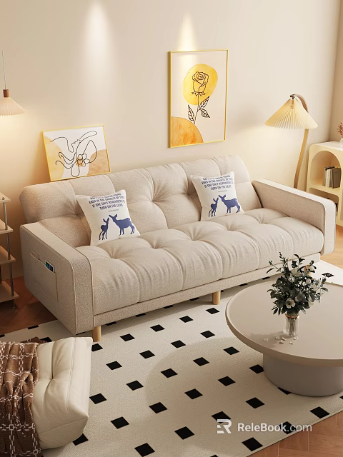 Beige Multi Seat Sofa With Blue Deer Pattern Pillows Round Coffee Table And Wall Paintings 3d model 
