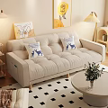 Beige Multi Seat Sofa With Blue Deer Pattern Pillows Round Coffee Table And Wall Paintings 3d model