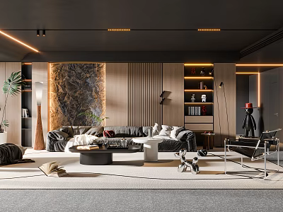 Modern Living Room Interior With Marble Accent Wall Black Sofa And Wooden Paneling 3d model