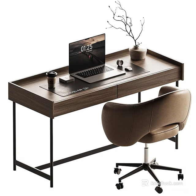 Modern Minimalist Tray Top Wooden Home Office Desk With Laptop And Comfortable Leather Office Chair 3d model 