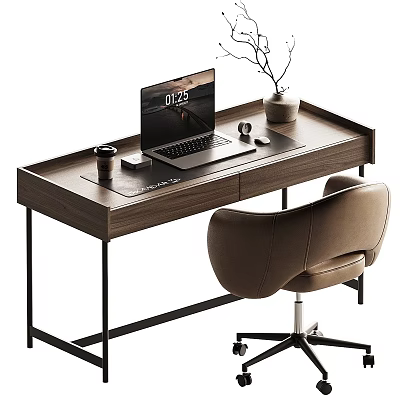 Modern Minimalist Tray Top Wooden Home Office Desk With Laptop And Comfortable Leather Office Chair 3d model