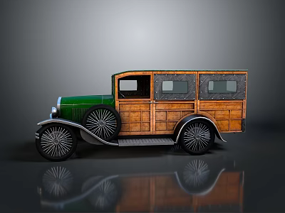 Vintage Green Front Car With Wooden Body And Classic Design Details 3d model