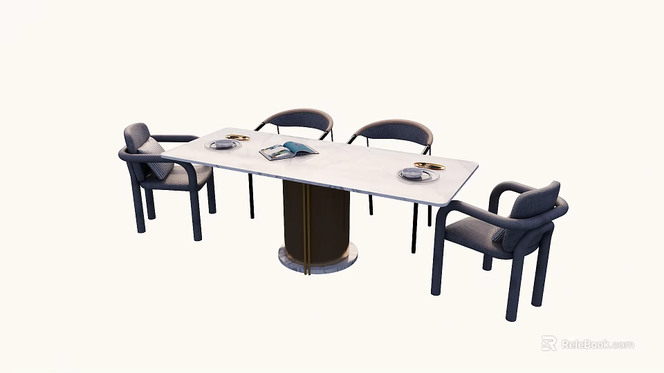 Modern Rectangular Dining Table Set With Gray Chairs And Metal Base 3d model