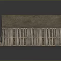Two Wooden Barns with Frame Structure Sloped Roofs Multiple Windows Doors and Wheelbarrow