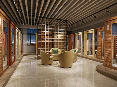 Wooden Doors And Windows Showroom Interior With Marble Floor And Comfortable Chairs 3d model