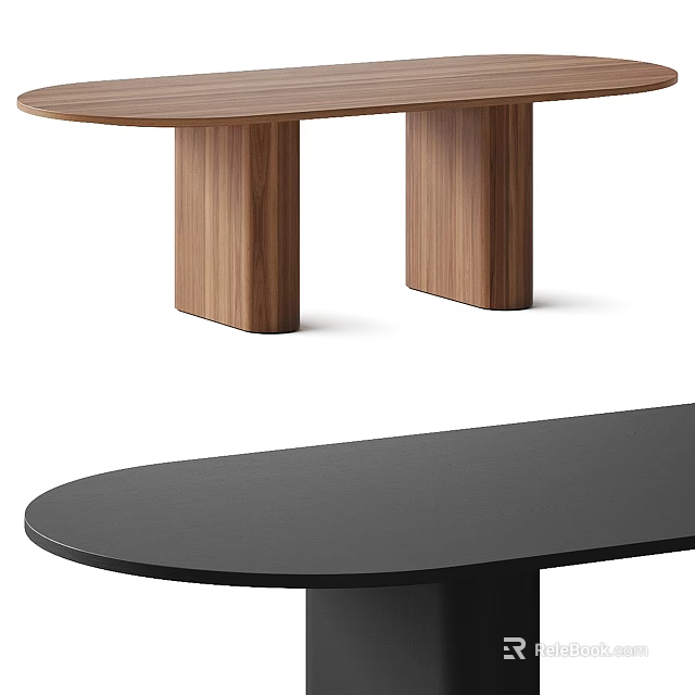 Modern Minimalist Dining Table With Oval Top Column Legs Wooden And Black Design 3d model 