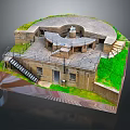 Cartoon Fortress Scene with Circular Platform Green Grass Steps and Railing Details