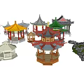 Ornate Chinese Garden Pavilions With Various Styles Colors And Rooftop Details