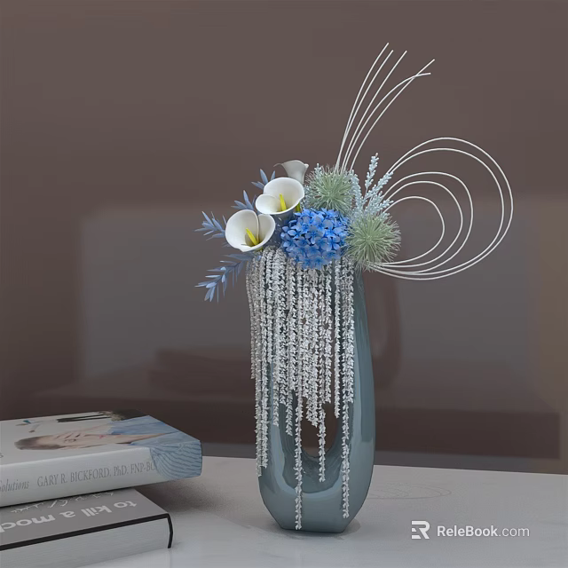 Blue Vase With Hanging Crystal Beads Featuring White Calla Lilies Blue Hydrangeas And Green Decor 3d model 