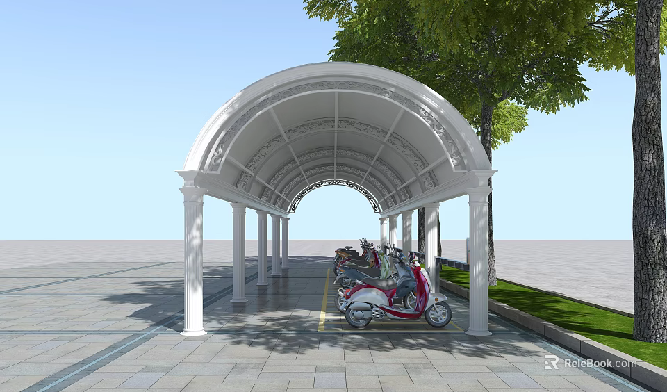 White Arched Columned Canopy with Electric Scooters Under Trees on Paved Ground 3d model 