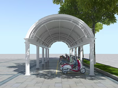 White Arched Columned Canopy with Electric Scooters Under Trees on Paved Ground 3d model