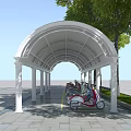White Arched Columned Canopy with Electric Scooters Under Trees on Paved Ground