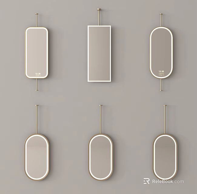 Modern Rectangular and Oval Mirrors with Gold Metal Frames on Gray Wall 3d model