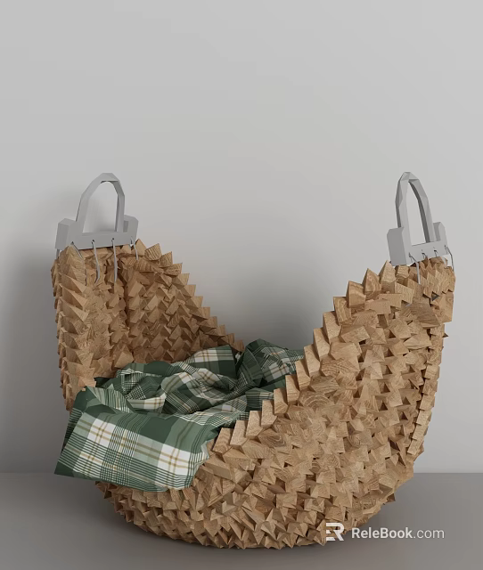 Natural Woven Basket With Gray Handles And Green Plaid Cloth For Home Decor 3d model 