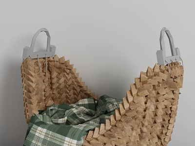 Natural Woven Basket With Gray Handles And Green Plaid Cloth For Home Decor 3d model