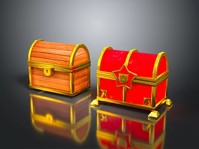 Brown and Red Wooden Treasure Chests With Golden Trim Locks Star Embellishment and Golden Feet 3d model