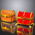 Brown and Red Wooden Treasure Chests With Golden Trim Locks Star Embellishment and Golden Feet