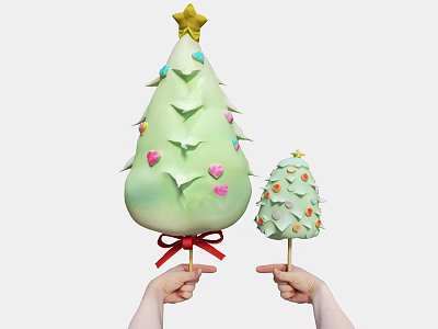 Green Christmas Tree Shaped Desserts With Star Hearts And Red Bow Held By Hands 3d model