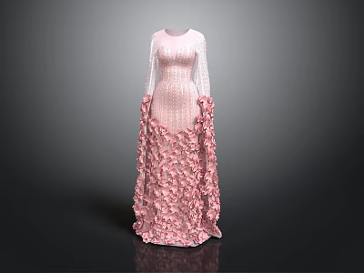 Elegant Daily Life Clothing Pink Long Dress With Transparent Sleeves And Petal Skirt 3d model