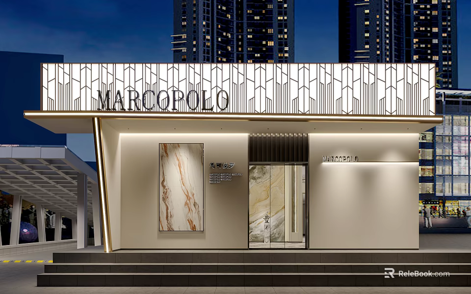 MARCO POLO Modern Storefront Facade With Geometric Design Marble Display And Night High Rise 3d model 