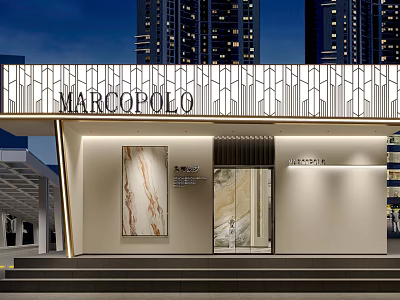 MARCO POLO Modern Storefront Facade With Geometric Design Marble Display And Night High Rise 3d model