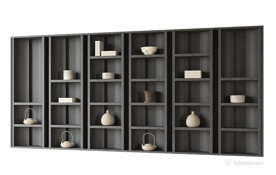 Modern Dark Gray Wooden Bookcase With Open Shelves And Decorative Baskets Vases Bowls 3d model 