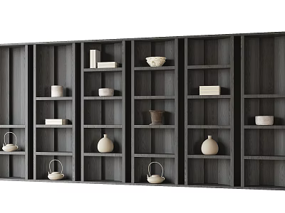 Modern Dark Gray Wooden Bookcase With Open Shelves And Decorative Baskets Vases Bowls 3d model