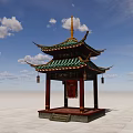 Traditional Chinese Landscape Pavilion With Two Tiered Green Tiled Roof And Red Pillars