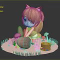 Fox Eared Cartoon Girl Sitting on Grassy Platform with Mushrooms and Tree Stumps