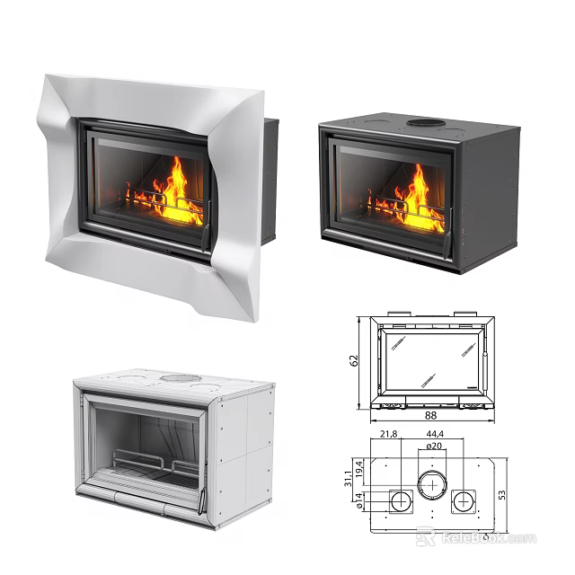 Modern Fireplace Designs Featuring Silver Black Frames And Technical Drawings 3d model