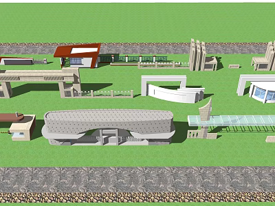 Elegant Modern Entrance Gate Design With Stone Structure And Green Lawn Surroundings 3d model