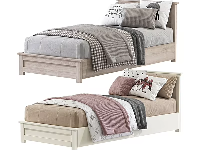 Single Bed With Light Wooden White Frames Gray Beige Comforters Plaid Pink Blankets Patterned Pillows 3d model