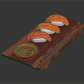 Fresh Salmon Sushi on Wooden Serving Board with Green Soy Sauce Dish and Chopsticks