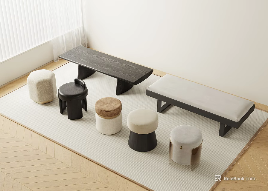 Modern Stylish Stools With Round Square Designs Various Colors And Materials For Interior Space 3d model