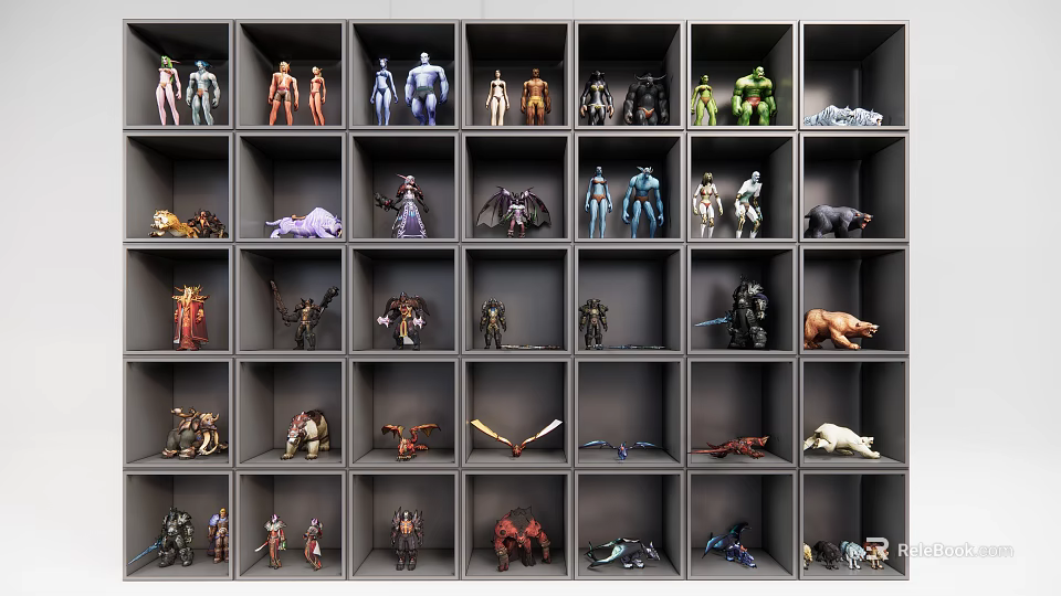 Organized Display Shelf Showcasing Various Collectible Action Figures And Models 3d model 
