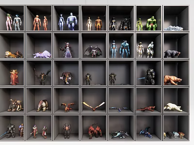 Organized Display Shelf Showcasing Various Collectible Action Figures And Models 3d model