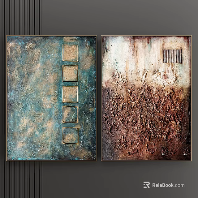 Abstract Art Paintings With Textured Surfaces Blue Green Brown Tones And Square Elements 3d model 