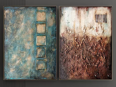 Abstract Art Paintings With Textured Surfaces Blue Green Brown Tones And Square Elements 3d model