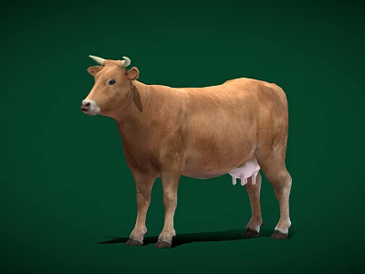 Brown Cow Standing On Green Background With White Udders And Horns 3d model