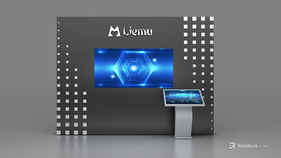 Liemu Brand Background Wall With Blue Tech Screen White Square Decorations And Interactive Kiosk 3d model 