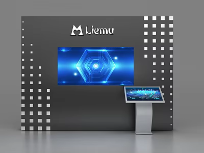 Liemu Brand Background Wall With Blue Tech Screen White Square Decorations And Interactive Kiosk 3d model