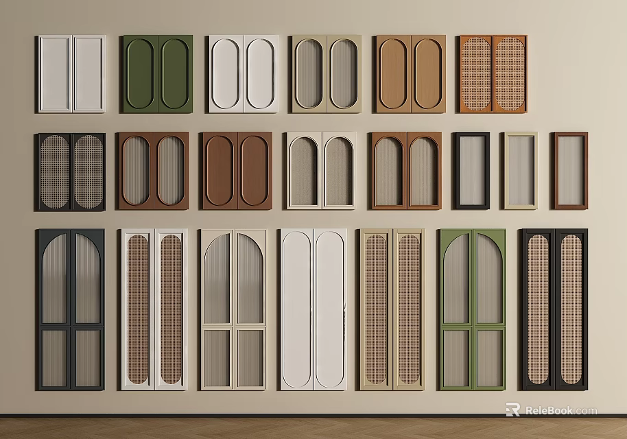 Diverse Wardrobe Doors With Glass Panels Louvered And Arched Designs In Multiple Colors 3d model 